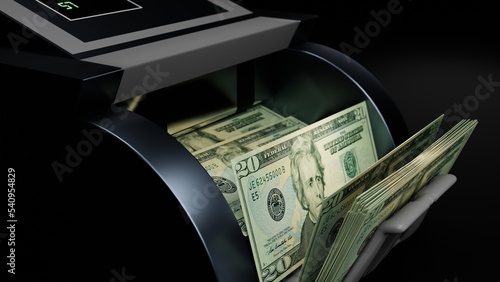20 US dollar in cash dispenser. Withdrawal of cash from an ATM. Financial transaction in the bank terminal. USD. photo