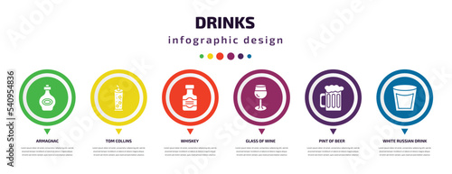 drinks infographic element with icons and 6 step or option. drinks icons such as armagnac, tom collins, whiskey, glass of wine, pint of beer, white russian drink vector. can be used for banner, info