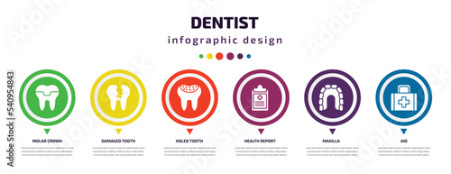 dentist infographic element with icons and 6 step or option. dentist icons such as molar crown, damaged tooth, holed tooth, health report, maxilla, aid vector. can be used for banner, info graph,