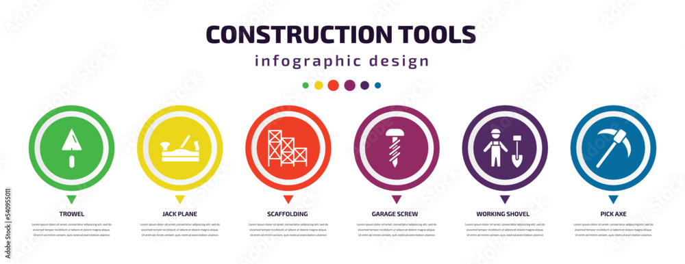 construction tools infographic element with icons and 6 step or option. construction tools icons such as trowel, jack plane, scaffolding, garage screw, working shovel, pick axe vector. can be used construction tools infographic element with icons and 6 step or option. construction tools icons such as trowel, jack plane, scaffolding, garage screw, working shovel, pick axe vector. can be used
