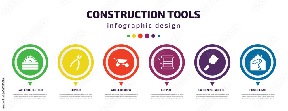 construction tools infographic element with icons and 6 step or option. construction tools icons such as carpenter cutter, clipper, wheel barrow, copper, gardening palette, home repair vector. can construction tools infographic element with icons and 6 step or option. construction tools icons such as carpenter cutter, clipper, wheel barrow, copper, gardening palette, home repair vector. can