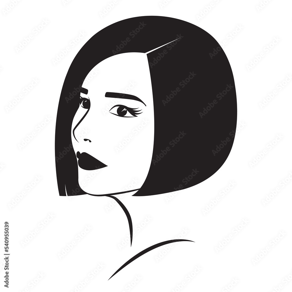 Black and white portrait of a young beautiful girl with short hair. Isolated on white background. Vector illustration Black and white portrait of a young beautiful girl with short hair. Isolated on white background. Vector illustration