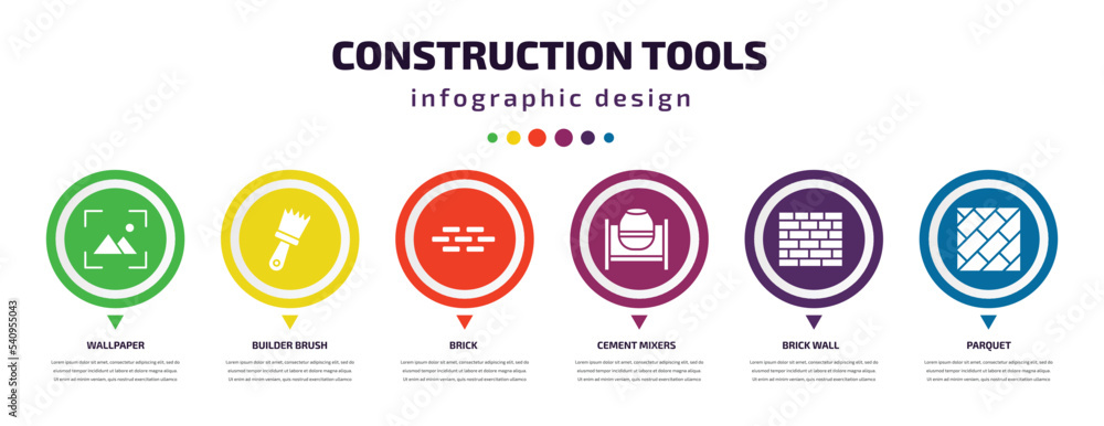 construction tools infographic element with icons and 6 step or option. construction tools icons such as wallpaper, builder brush, brick, cement mixers, brick wall, parquet vector. can be used for construction tools infographic element with icons and 6 step or option. construction tools icons such as wallpaper, builder brush, brick, cement mixers, brick wall, parquet vector. can be used for