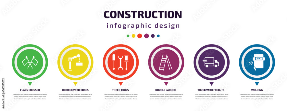 construction infographic element with icons and 6 step or option. construction icons such as flags crossed, derrick with boxes, three tools, double ladder, truck with freight, welding vector. can be construction infographic element with icons and 6 step or option. construction icons such as flags crossed, derrick with boxes, three tools, double ladder, truck with freight, welding vector. can be