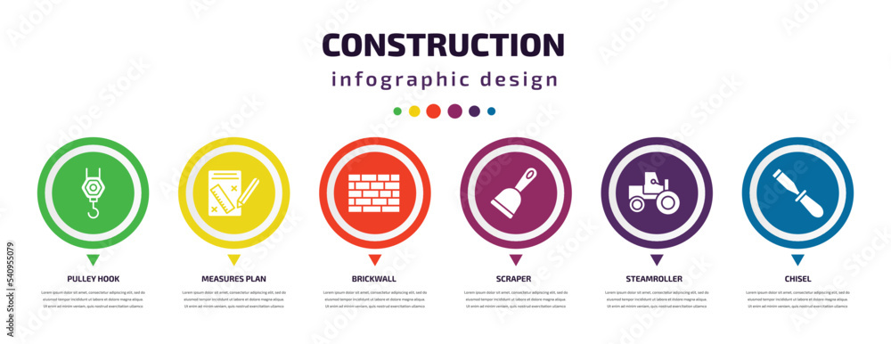 construction infographic element with icons and 6 step or option. construction icons such as pulley hook, measures plan, brickwall, scraper, steamroller, chisel vector. can be used for banner, info construction infographic element with icons and 6 step or option. construction icons such as pulley hook, measures plan, brickwall, scraper, steamroller, chisel vector. can be used for banner, info