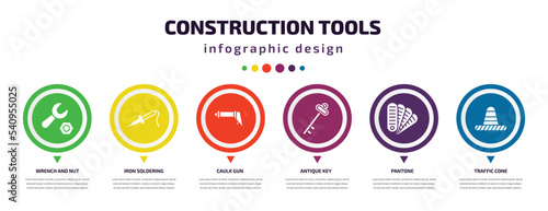 construction tools infographic element with icons and 6 step or option. construction tools icons such as wrench and nut, iron soldering, caulk gun, antique key, pantone, traffic cone vector. can be