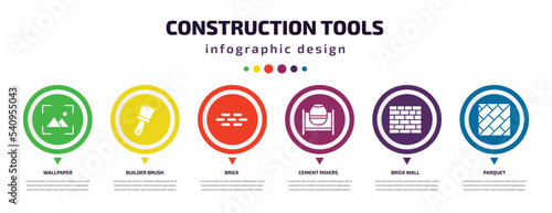 construction tools infographic element with icons and 6 step or option. construction tools icons such as wallpaper, builder brush, brick, cement mixers, brick wall, parquet vector. can be used for