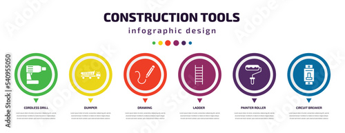 construction tools infographic element with icons and 6 step or option. construction tools icons such as cordless drill, dumper, drawing, ladder, painter roller, circuit breaker vector. can be used