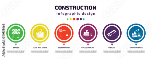 construction infographic element with icons and 6 step or option. construction icons such as barrier, stairs with handle, big derrick with boxes, little snowplow, hacksaw, truck crane vector. can be