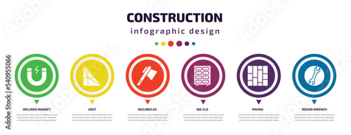construction infographic element with icons and 6 step or option. construction icons such as inclined magnet, joist, inclined ax, big clo, paving, round wrench vector. can be used for banner, info