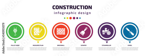 construction infographic element with icons and 6 step or option. construction icons such as pulley hook, measures plan, brickwall, scraper, steamroller, chisel vector. can be used for banner, info