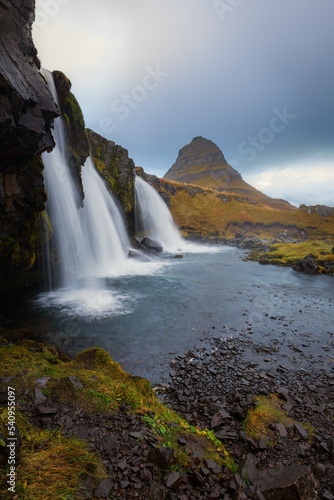 Icelandic landscape - Kirkjufellsfoss waterfalls and mount kirkjufell