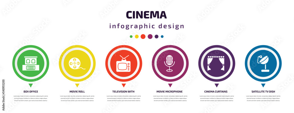 cinema infographic element with icons and 6 step or option. cinema icons such as box office, movie roll, television with antenna, movie microphone, cinema curtains, satellite tv dish vector. can be cinema infographic element with icons and 6 step or option. cinema icons such as box office, movie roll, television with antenna, movie microphone, cinema curtains, satellite tv dish vector. can be