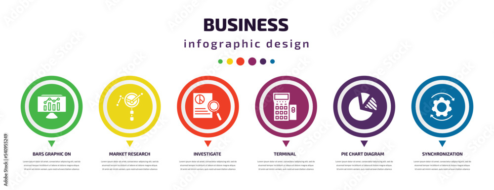 business infographic element with icons and 6 step or option. business icons such as bars graphic on screen, market research, investigate, terminal, pie chart diagram, synchronization vector. can be business infographic element with icons and 6 step or option. business icons such as bars graphic on screen, market research, investigate, terminal, pie chart diagram, synchronization vector. can be