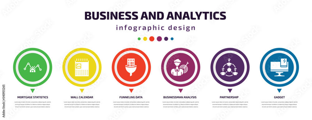 business and analytics infographic element with icons and 6 step or option. business and analytics icons such as mortgage statistics, wall calendar, funneling data, businessman analysis, business and analytics infographic element with icons and 6 step or option. business and analytics icons such as mortgage statistics, wall calendar, funneling data, businessman analysis,