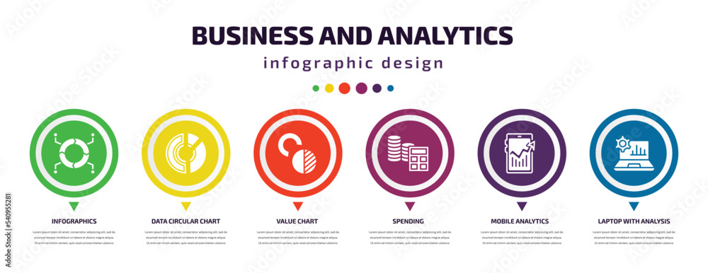 business and analytics infographic element with icons and 6 step or option. business and analytics icons such as infographics, data circular chart, value chart, spending, mobile analytics, laptop business and analytics infographic element with icons and 6 step or option. business and analytics icons such as infographics, data circular chart, value chart, spending, mobile analytics, laptop