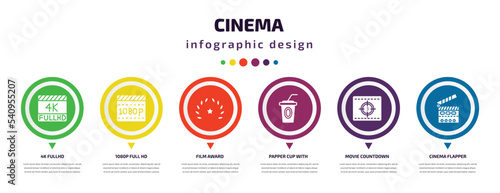 cinema infographic element with icons and 6 step or option. cinema icons such as 4k fullhd, 1080p full hd, film award, papper cup with straw, movie countdown, cinema flapper vector. can be used for
