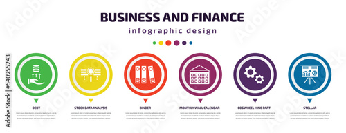business and finance infographic element with icons and 6 step or option. business and finance icons such as debt, stock data analysis, binder, monthly wall calendar, cogwheel hine part, stellar