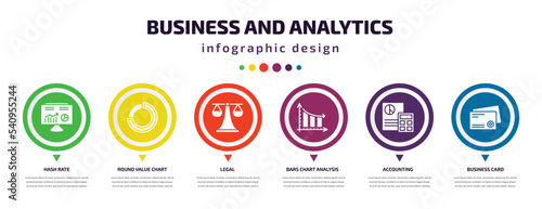 business and analytics infographic element with icons and 6 step or option. business and analytics icons such as hash rate, round value chart, legal, bars chart analysis, accounting, business card