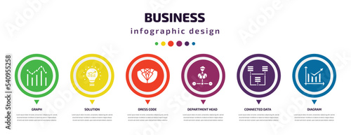 business infographic element with icons and 6 step or option. business icons such as graph, solution, dress code, department head, connected data, diagram vector. can be used for banner, info graph,