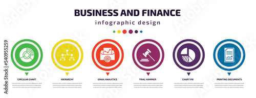 business and finance infographic element with icons and 6 step or option. business and finance icons such as circular chart, hierarchy, email analytics, trial hammer, chart pie, printing documents