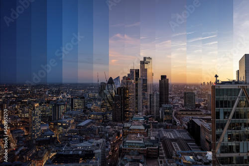 Bild auf Leinwand Conceptual, sliced day to night time lapse view of the financial office skyscrap