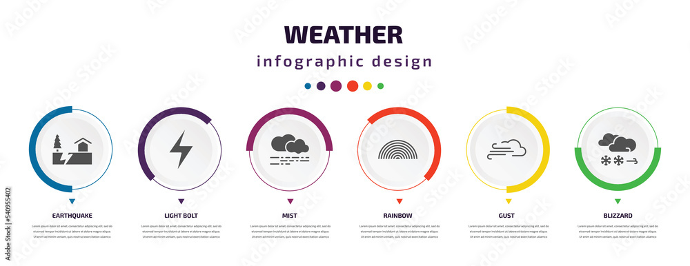 weather infographic element with icons and 6 step or option. weather icons such as earthquake, light bolt, mist, rainbow, gust, blizzard vector. can be used for banner, info graph, web, weather infographic element with icons and 6 step or option. weather icons such as earthquake, light bolt, mist, rainbow, gust, blizzard vector. can be used for banner, info graph, web,