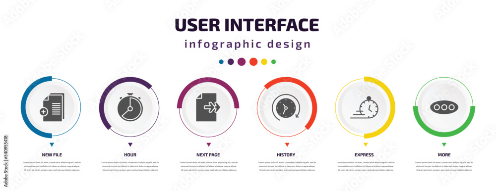 user interface infographic element with icons and 6 step or option. user interface icons such as new file, hour, next page, history, express, more vector. can be used for banner, info graph, web, user interface infographic element with icons and 6 step or option. user interface icons such as new file, hour, next page, history, express, more vector. can be used for banner, info graph, web,