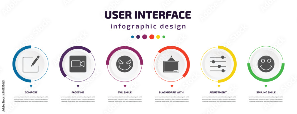 user interface infographic element with icons and 6 step or option. user interface icons such as compose, facetime, evil smile, blackboard with, adjustment, smiling smile vector. can be used for user interface infographic element with icons and 6 step or option. user interface icons such as compose, facetime, evil smile, blackboard with, adjustment, smiling smile vector. can be used for