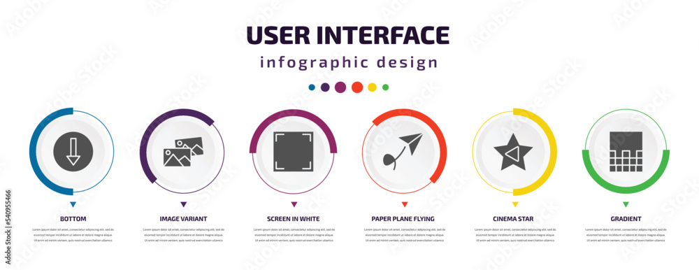 user interface infographic element with icons and 6 step or option. user interface icons such as bottom, image variant, screen in white, paper plane flying, cinema star, gradient vector. can be used user interface infographic element with icons and 6 step or option. user interface icons such as bottom, image variant, screen in white, paper plane flying, cinema star, gradient vector. can be used