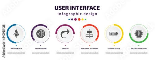 user interface infographic element with icons and 6 step or option. user interface icons such as rocket launch, medium volume, forward, horizontal alignment, charging status, exclamation button