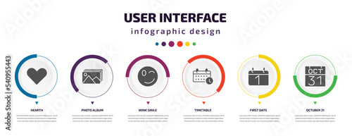 user interface infographic element with icons and 6 step or option. user interface icons such as hearth, photo album, wink smile, timetable, first date, octuber 31 vector. can be used for banner,
