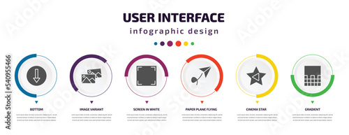 user interface infographic element with icons and 6 step or option. user interface icons such as bottom, image variant, screen in white, paper plane flying, cinema star, gradient vector. can be used