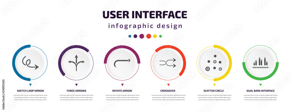 user interface infographic element with icons and 6 step or option. user interface icons such as sketch loop arrow, three arrows, rotate arrow, crossover, scatter circle, dual bars interface vector. user interface infographic element with icons and 6 step or option. user interface icons such as sketch loop arrow, three arrows, rotate arrow, crossover, scatter circle, dual bars interface vector.