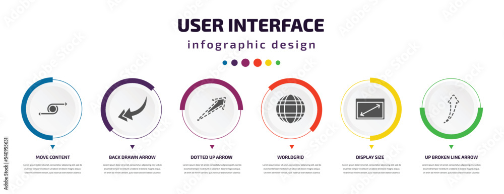 user interface infographic element with icons and 6 step or option. user interface icons such as move content, back drawn arrow, dotted up arrow, worldgrid, display size, up broken line arrow user interface infographic element with icons and 6 step or option. user interface icons such as move content, back drawn arrow, dotted up arrow, worldgrid, display size, up broken line arrow
