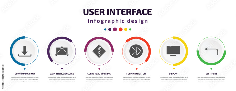 user interface infographic element with icons and 6 step or option. user interface icons such as download arrow, data interconnected, curvy road warning, forward button, display, left turn vector. user interface infographic element with icons and 6 step or option. user interface icons such as download arrow, data interconnected, curvy road warning, forward button, display, left turn vector.