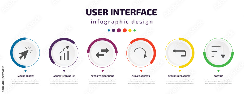 user interface infographic element with icons and 6 step or option. user interface icons such as mouse arrow, arrow heading up, opposite directions, curved arrows, return left arrow, sorting vector. user interface infographic element with icons and 6 step or option. user interface icons such as mouse arrow, arrow heading up, opposite directions, curved arrows, return left arrow, sorting vector.