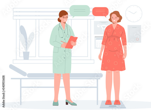 Happy pregnant woman standing on scales. Gynecology doctor do check up of pregnant woman during appointment in clinic. Healthy pregnancy concept.