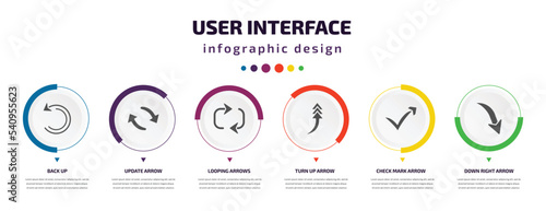 user interface infographic element with icons and 6 step or option. user interface icons such as back up, update arrow, looping arrows, turn up arrow, check mark arrow, down right vector. can be