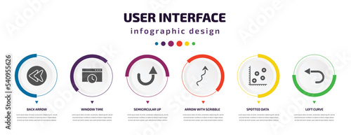 user interface infographic element with icons and 6 step or option. user interface icons such as back arrow, window time, semicircular up arrow, arrow with scribble, spotted data, left curve vector.