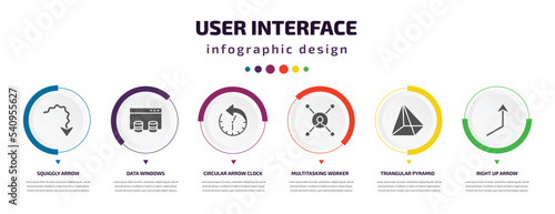 user interface infographic element with icons and 6 step or option. user interface icons such as squiggly arrow, data windows, circular arrow clock, multitasking worker, triangular pyramid, right up