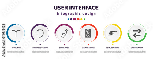user interface infographic element with icons and 6 step or option. user interface icons such as bifurcation, spinning left arrow, swirly arrow, elevator arrows, right loop arrow, updating vector.