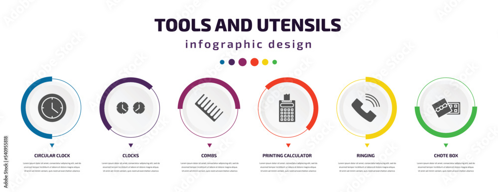 tools and utensils infographic element with icons and 6 step or option. tools and utensils icons such as circular clock, clocks, combs, printing calculator, ringing, chote box vector. can be used tools and utensils infographic element with icons and 6 step or option. tools and utensils icons such as circular clock, clocks, combs, printing calculator, ringing, chote box vector. can be used