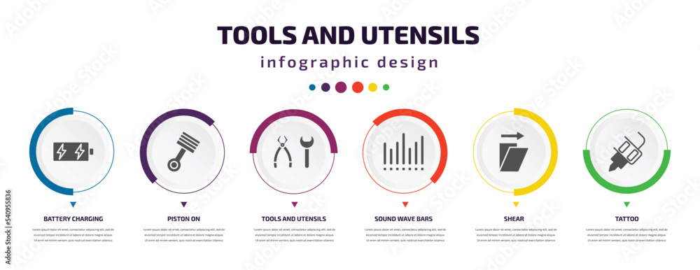 tools and utensils infographic element with icons and 6 step or option. tools and utensils icons such as battery charging, piston on, tools utensils, sound wave bars, shear, tattoo vector. can be tools and utensils infographic element with icons and 6 step or option. tools and utensils icons such as battery charging, piston on, tools utensils, sound wave bars, shear, tattoo vector. can be