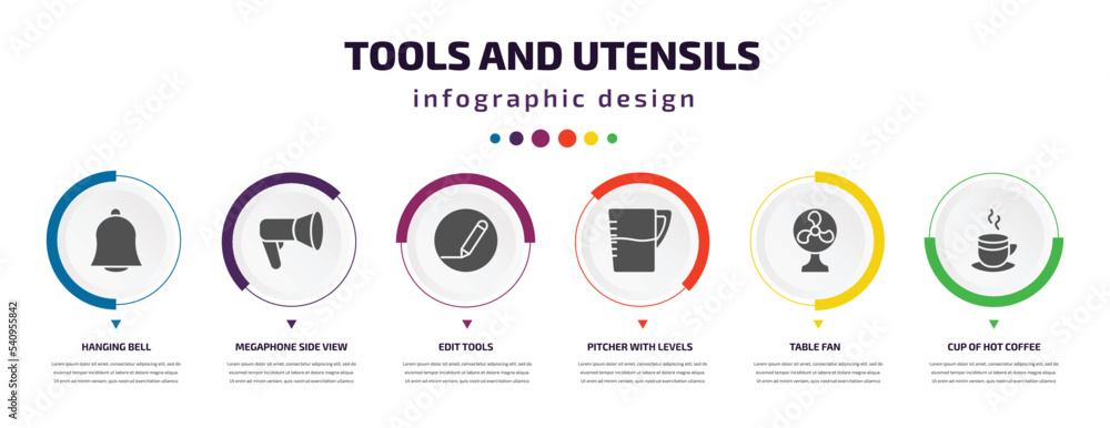 tools and utensils infographic element with icons and 6 step or option. tools and utensils icons such as hanging bell, megaphone side view, edit tools, pitcher with levels, table fan, cup of hot tools and utensils infographic element with icons and 6 step or option. tools and utensils icons such as hanging bell, megaphone side view, edit tools, pitcher with levels, table fan, cup of hot