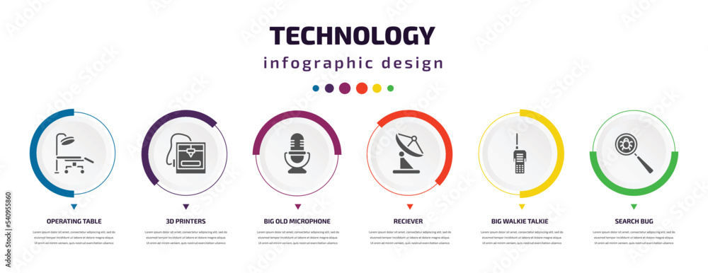 technology infographic element with icons and 6 step or option. technology icons such as operating table, 3d printers, big old microphone, reciever, big walkie talkie, search bug vector. can be used technology infographic element with icons and 6 step or option. technology icons such as operating table, 3d printers, big old microphone, reciever, big walkie talkie, search bug vector. can be used