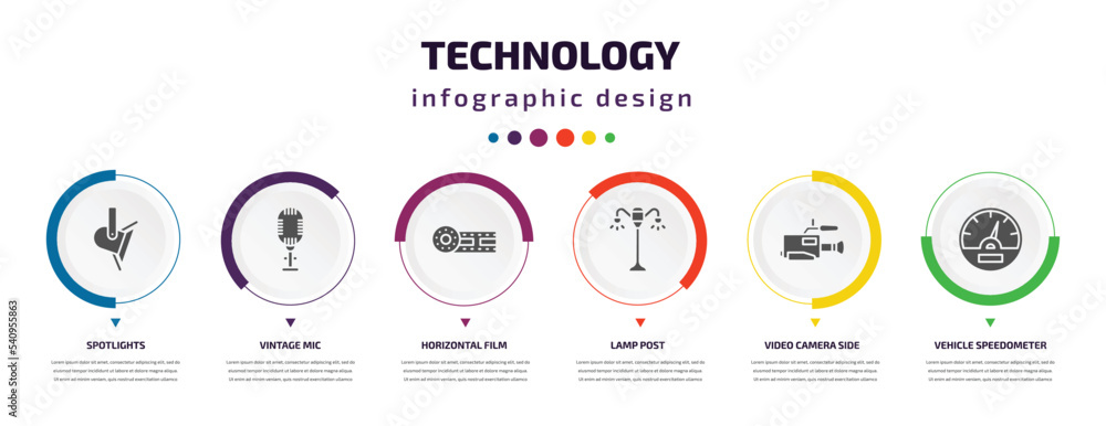 technology infographic element with icons and 6 step or option. technology icons such as spotlights, vintage mic, horizontal film strip, lamp post, video camera side view, vehicle speedometer technology infographic element with icons and 6 step or option. technology icons such as spotlights, vintage mic, horizontal film strip, lamp post, video camera side view, vehicle speedometer