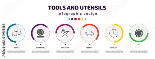 tools and utensils infographic element with icons and 6 step or option. tools and utensils icons such as dining, electric bell, iron table, postage, time left, vector. can be used for banner, info