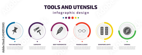 tools and utensils infographic element with icons and 6 step or option. tools and utensils icons such as tack save button, carpentry, body thermometer, reading glasses, semaphore lights, cardinal