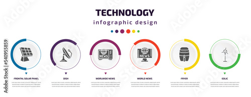 technology infographic element with icons and 6 step or option. technology icons such as frontal solar panel, dish, worlwide news, world news, fryer, eolic vector. can be used for banner, info